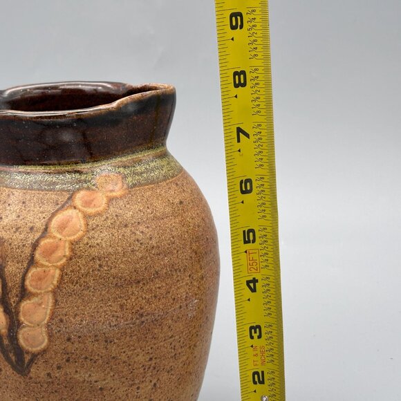 Vintage Studio Pottery Pitcher with Brown Speckled Glaze Botanical Design - Picture 8 of 8